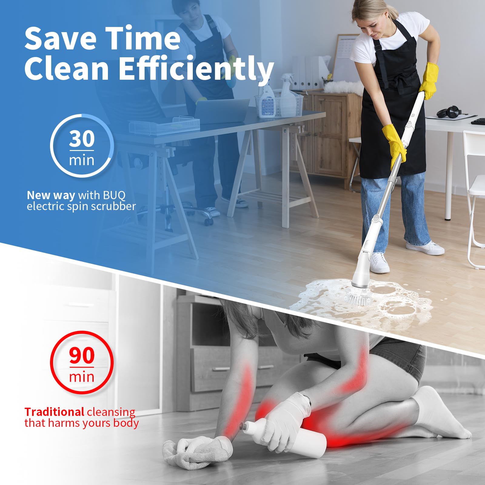 Electric Spin Scrubber with 5 Replacement Heads. BUQ spin scrubber provides 350r/min(daily cleaning) and 400r/min(deep cleaning); easy speed adjustment with a single button press. IPX6 waterproof rating ensures the electric cleaning brush can be rinsed di