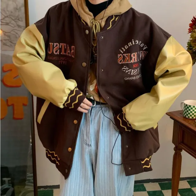 Loose Casual Vintage Letter Embroidered Baseball Jersey Brown - Shop at LoveMi