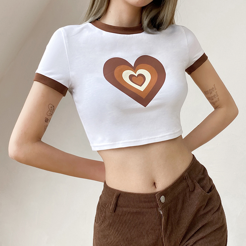 Women's Contrast Heart Letter Print Cropped Navel T-Shirt Top