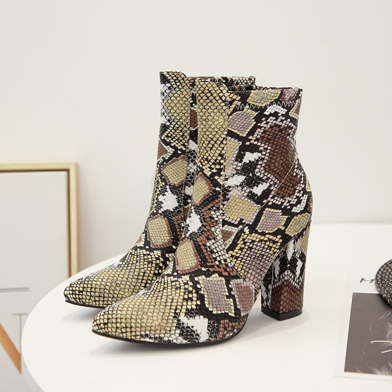 Snake Print Comfortable Fan Thick-heel Pointed High Heels