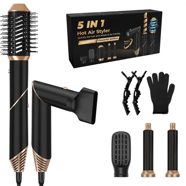 5 In 1 Hot Air Styler Straightener Curler Dryer Automatic Wrap Styler Hair Dryer Brush Set With 3 Temp Settings ALCI Plug Glove Cable Tie 2 Alligat... Black - Shop at LoveMi