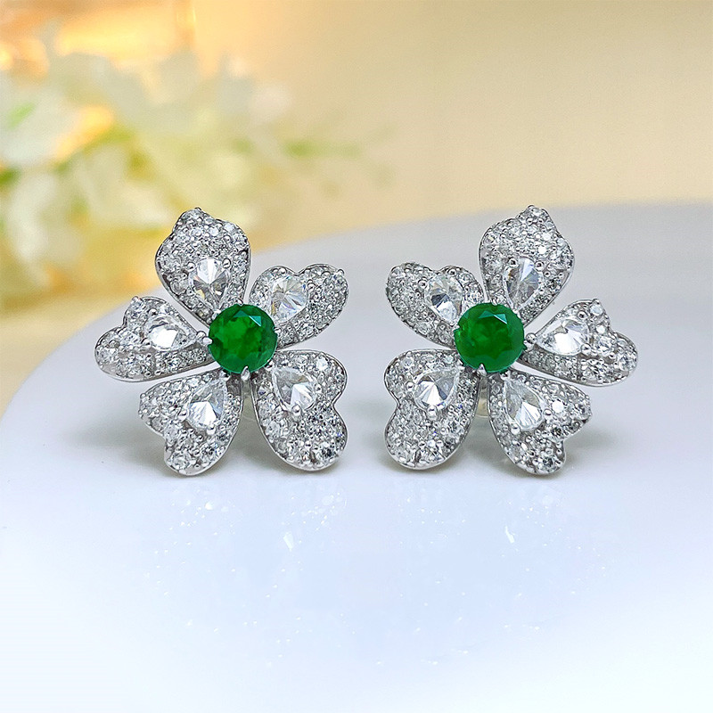 Artificial Emerald Flower Earrings 925 Silver Plated