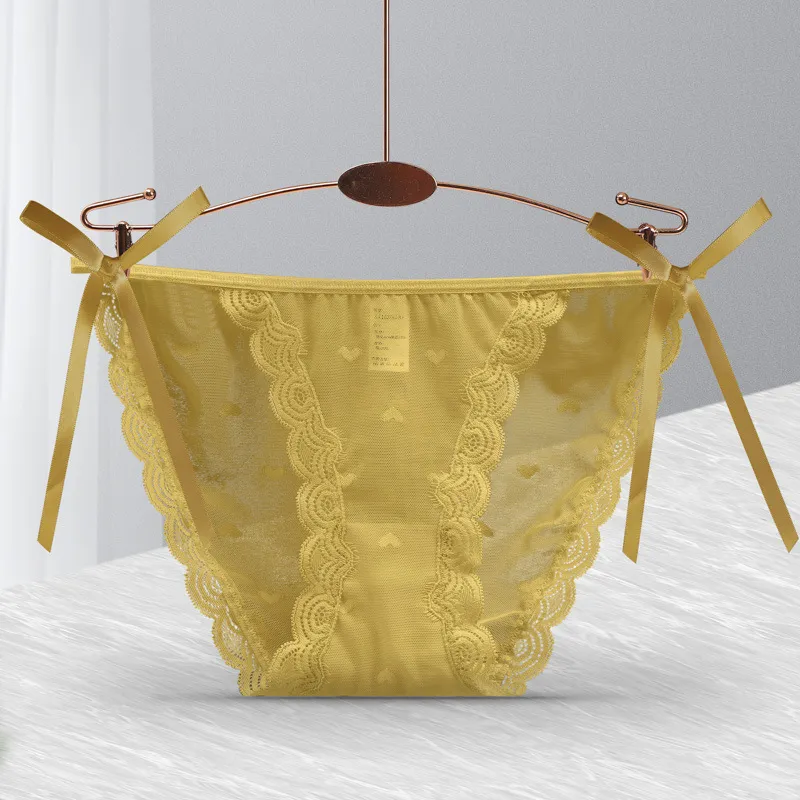 Ladies Fashion Lace Heart Thong Briefs - Yellow