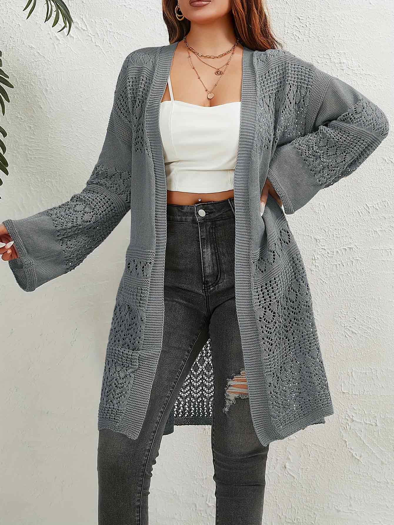 Boho Summer Vacation Women Segmented Diamond Hollow Knit Long Cardigan Oversized Bikini Cover Up