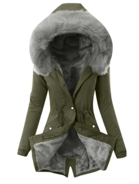 Hooded Drawstring Plush Jacket Women Army Green - Shop at LoveMi