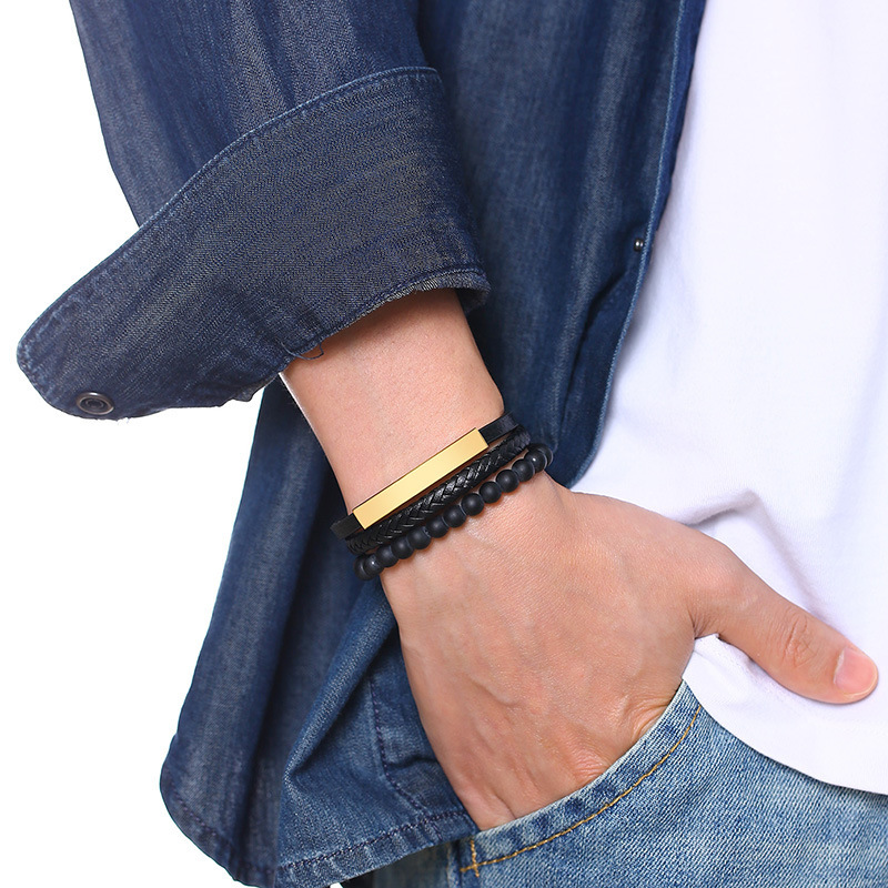 Title 4, Bracelet homme en acier inoxydable et cuir noir