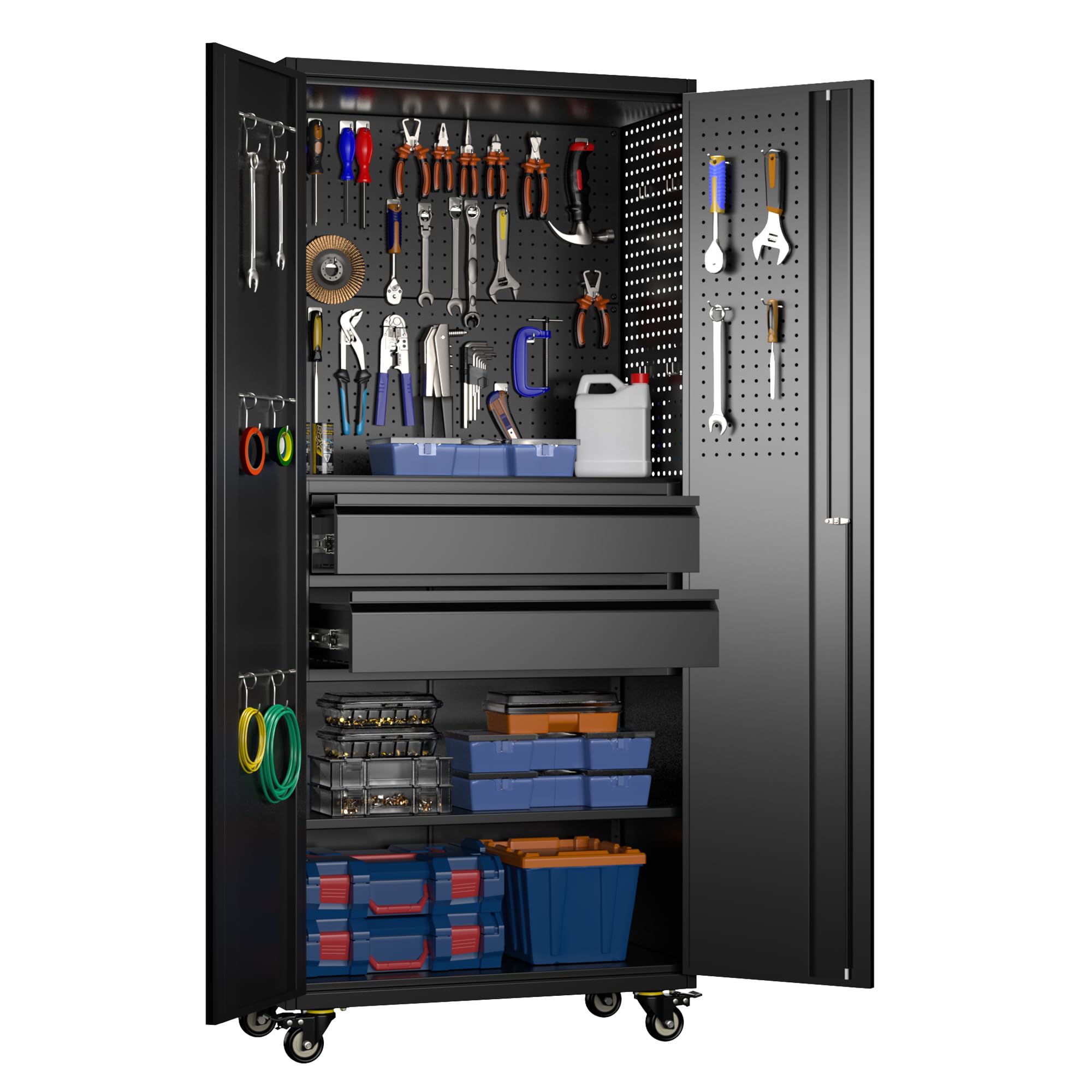 METAN 71inch Lockable Metal Tool Cabinet With 2 Drawers, 4 Wheels & Pegboards