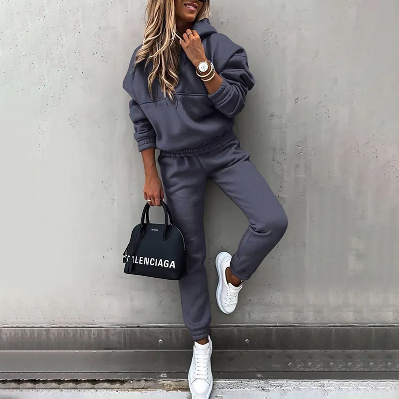 Women's Casual 2-Piece Tracksuit, Solid Color Hooded Sweatshirt And Slim Fit Jogger Pants For Autumn And Winter - Dark Gray