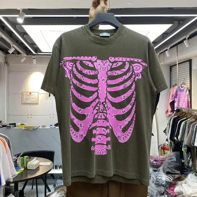 Flower Skeleton Printing Round Neck Wash Water Distressed Retro Loose Short Sleeves Brown - Shop at LoveMi