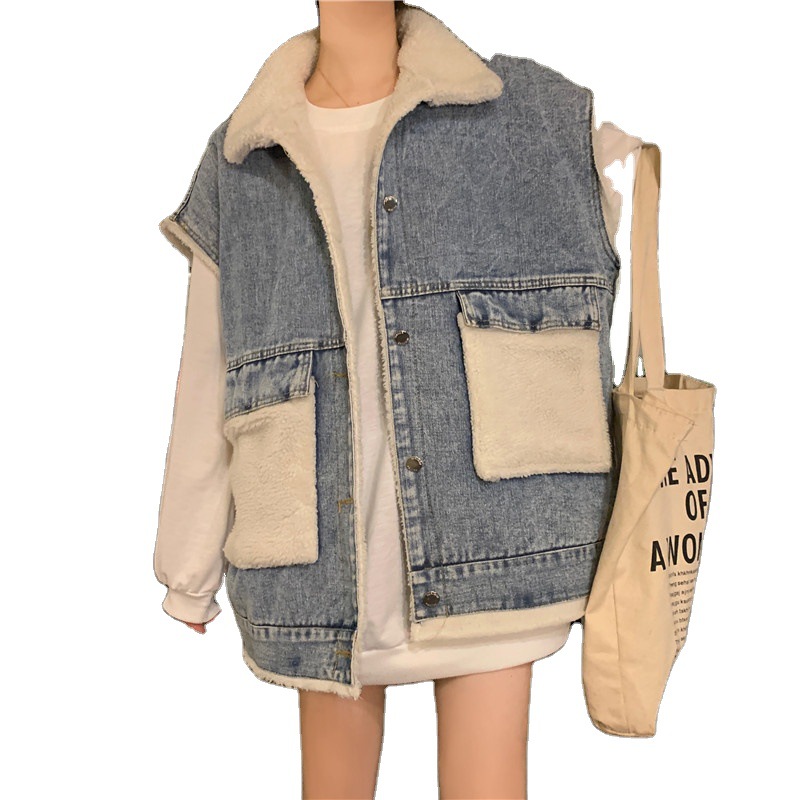 Imitation Lamb Hair Stitching Thick Loose Loose Mid-length Denim Vest Women
