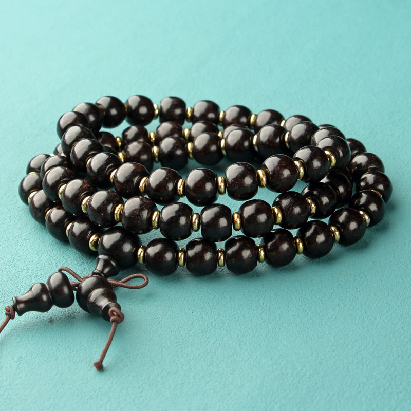 Natural Wood 108 Buddha Beads Yellow Flower Pear Ebony