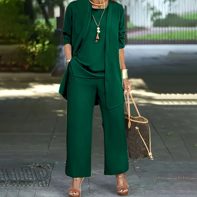 Women's Plus Size Casual 3 Piece Set Open Front Cardigan Sleeveless Vest Pants Solid Color Lounge Set Grass Green - Shop at LoveMi