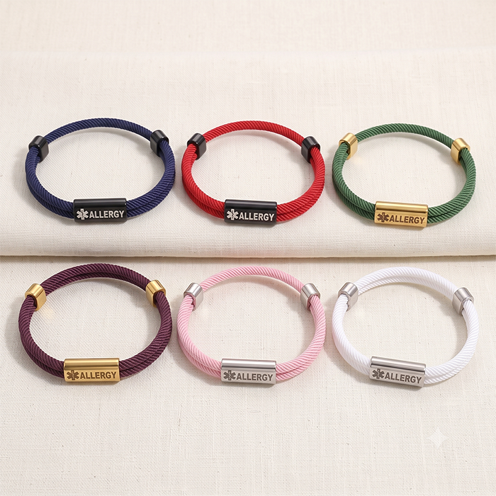 Allergy Medical Alert Rope Bracelet For Men Women, Multi Color Braided Cord With Engravable Stainless Steel Tag, Adjustable Sliding Clasp, Emergency W