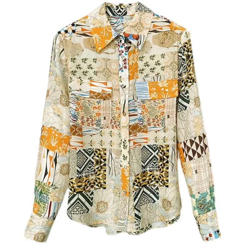 Women's All-match Casual Mulberry Silk Long-sleeved Shirt - Floral