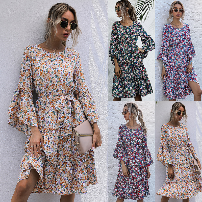 Round Neck Floral Print Print Lace-up Pleated Dress