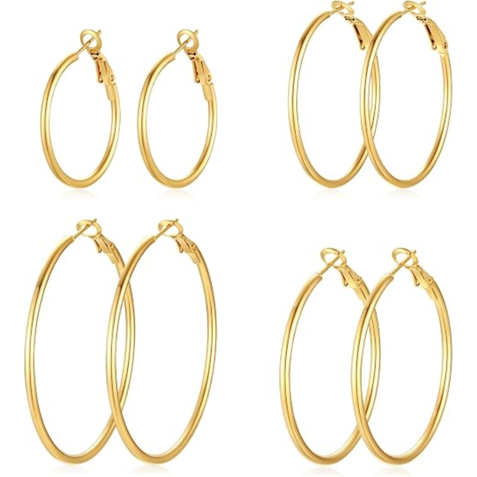 4 paires de créoles pour femme, jeu de créoles argentées et dorées plaquées or 14 CARATS, bijoux juxtaposés hypoallergéniques légers