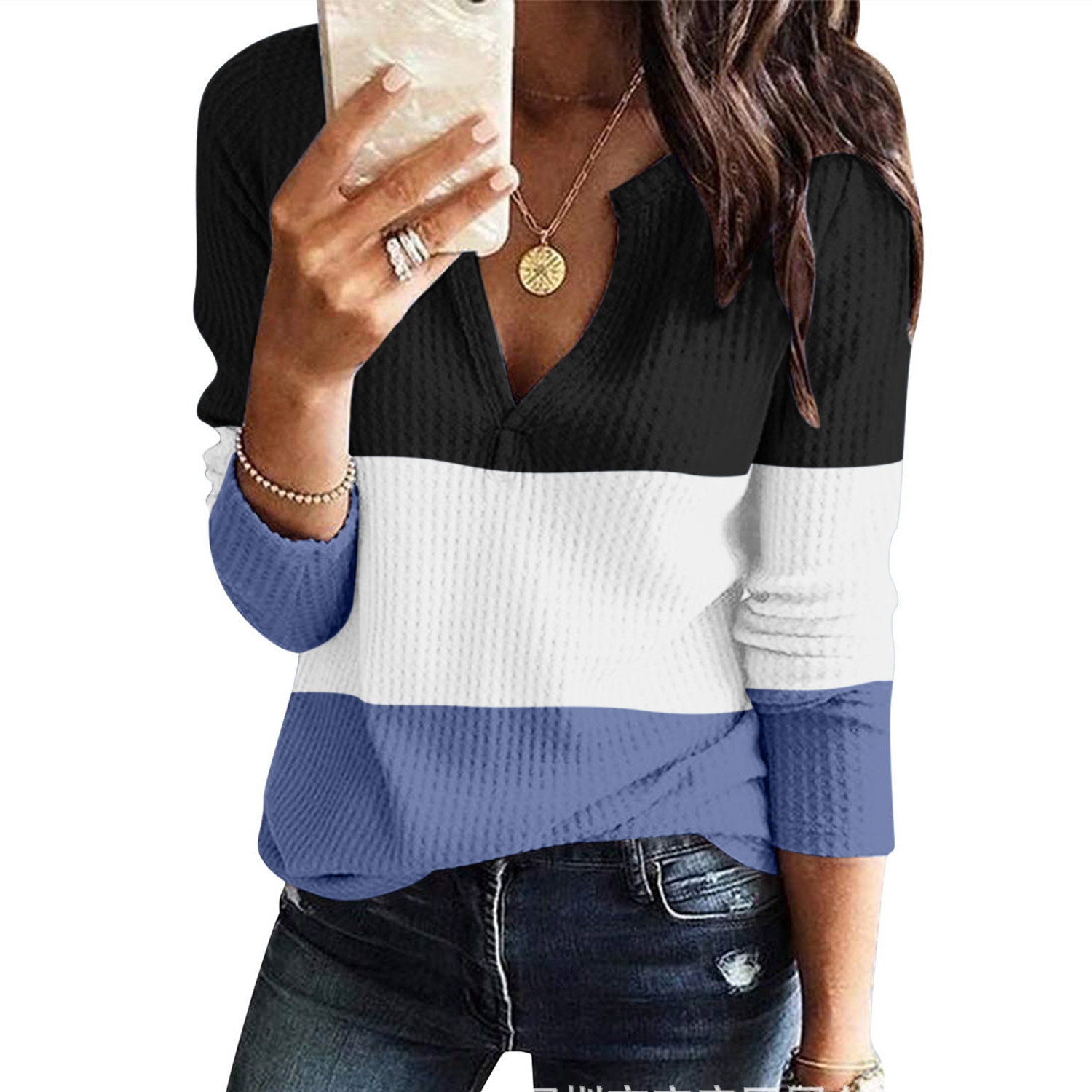 Stitching Long Sleeved V Neck Waffle All Match Top