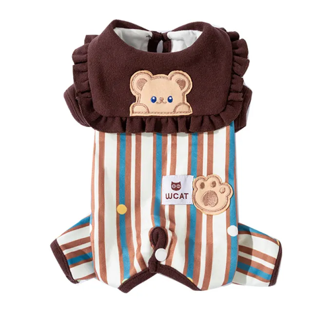 Cute Bear Patch Striped Pet Onesie, Ruffled Collar Dog Jumpsuit With Paw Print Detail For Small Dogs Brown - Shop at LoveMi