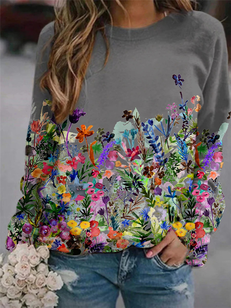 Hot Sale Flower Print Loose Long Sleeve Round Neck Sweater Women