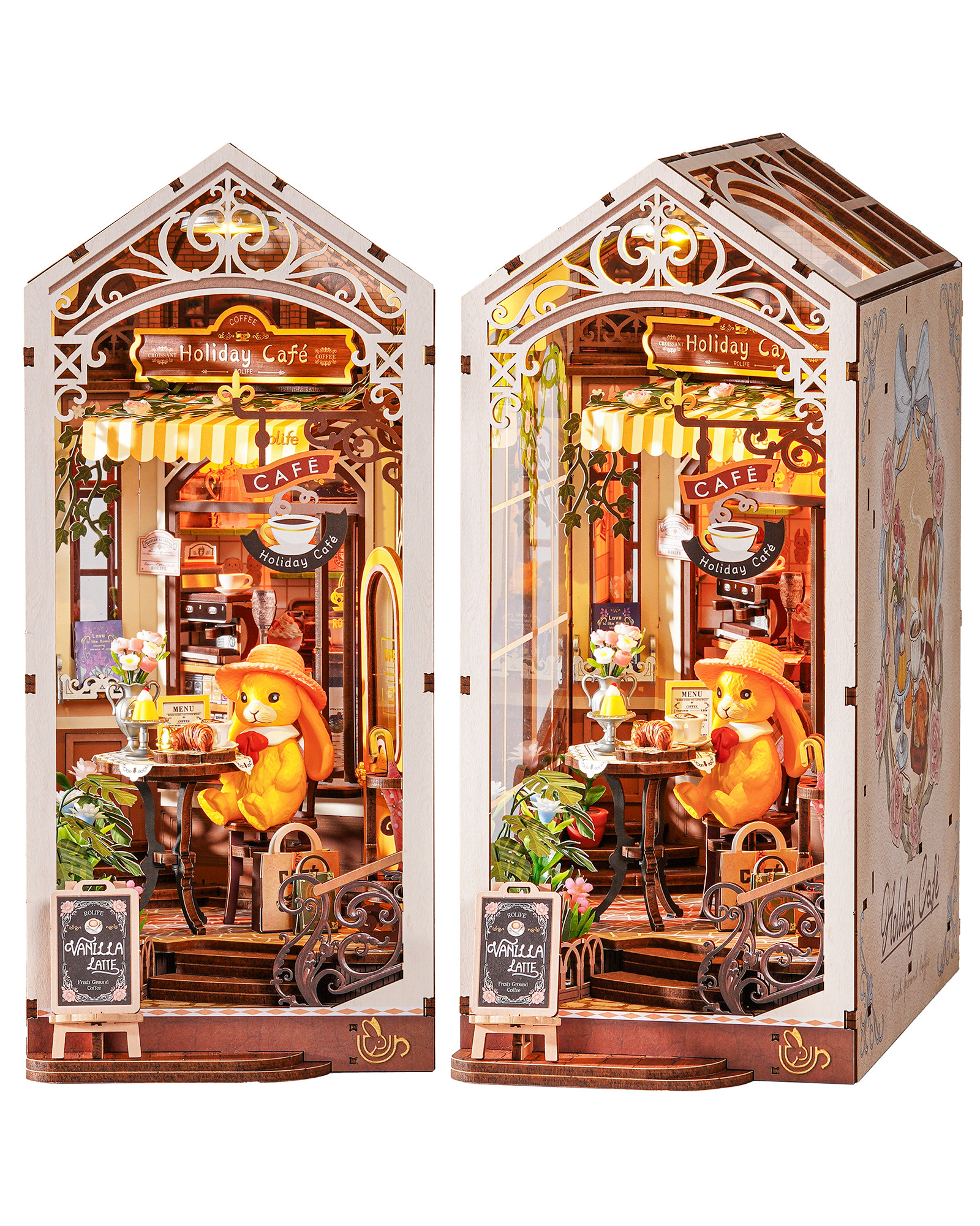 Rolife Holiday Cafe Reading Corner Set, DIY Mini House With Warm LED Lights, Glue-Free Assembly, Bookshelf Decoration, Creative Gift For Adults