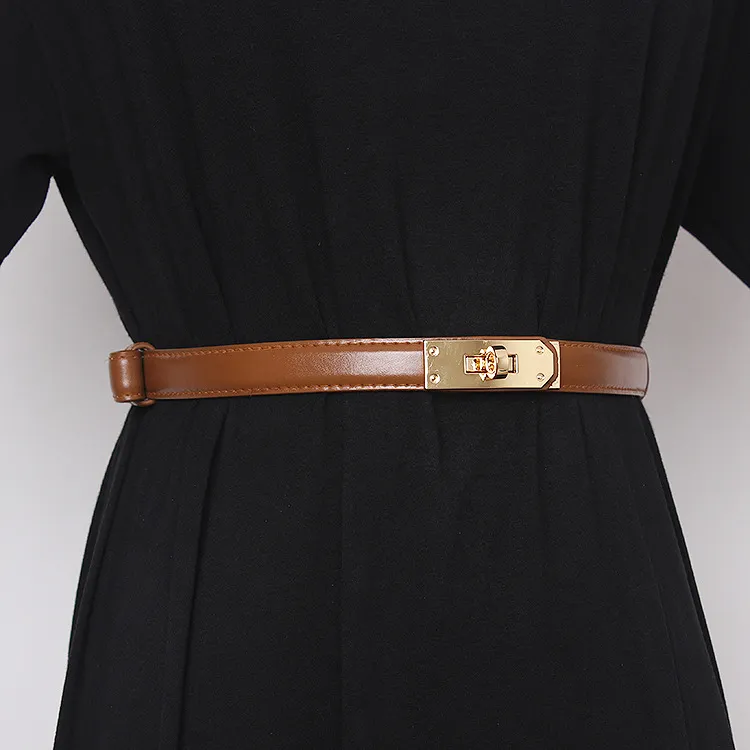 Belt Women's Ornament With Skirt Sweater Coat Black Thin Waist Strap Accessories Cowhide Waist Cover - Camel