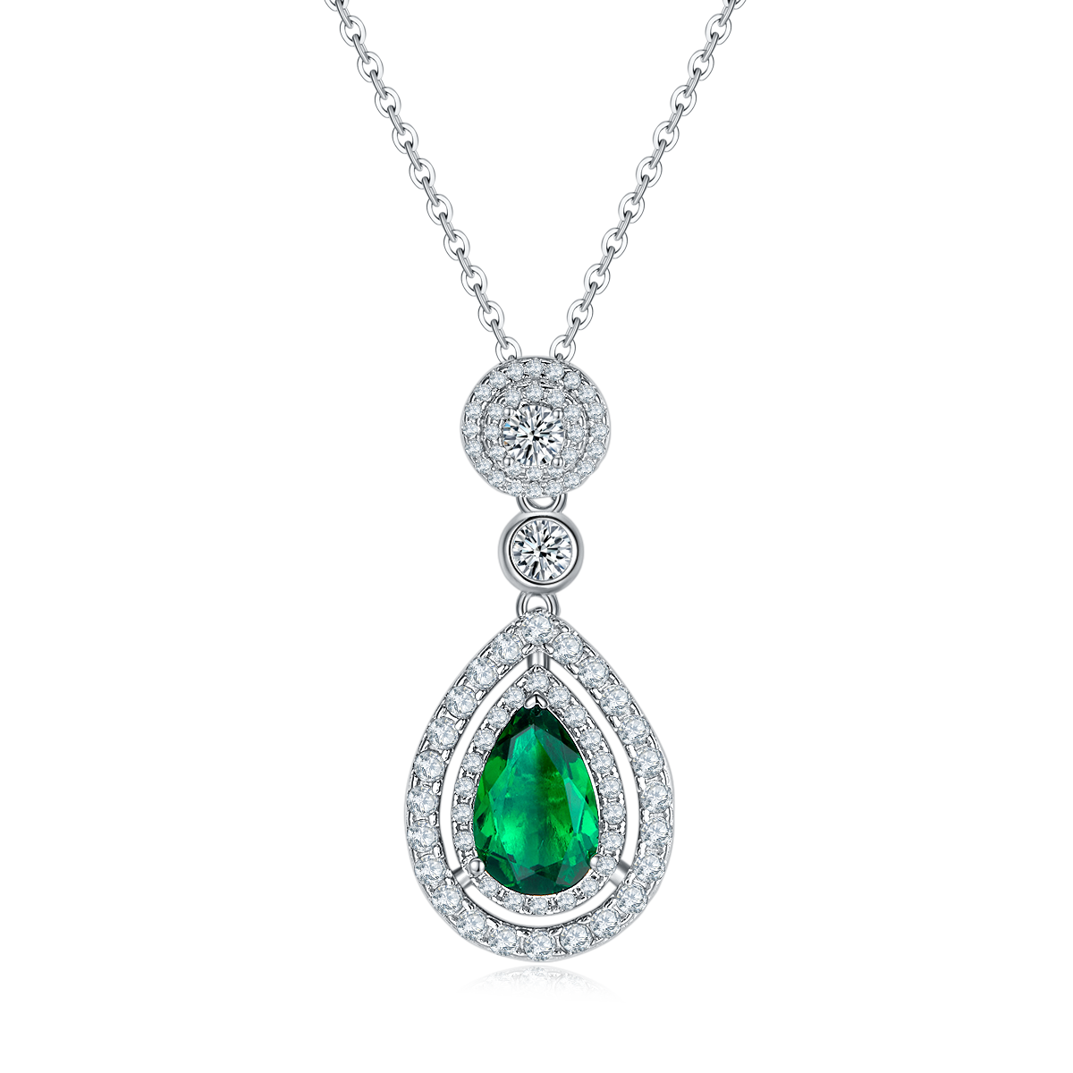 S925 Silver 4.6g Platinum Plated 3.5ct Lab-Created Emerald Necklace, 11x7mm Teardrop Halo Pendant, 40&5cm