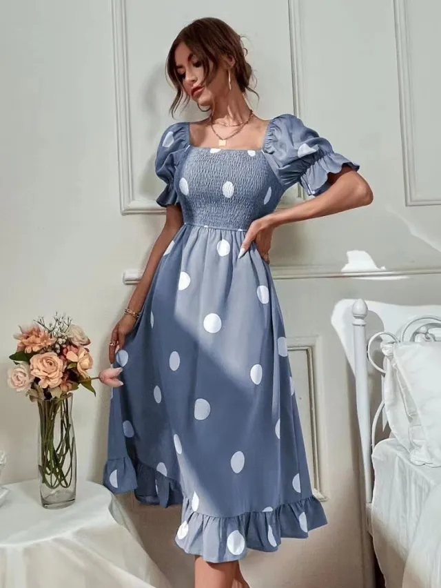 Big Round Dot Slim Fitting Sweet Ruffled Short Sleeved Dress Blue - Shop at LoveMi