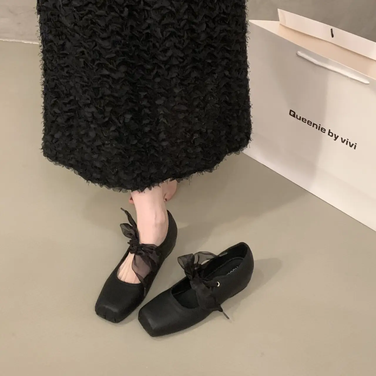 Women French Gentle Sheer Organza Tulle Front Bow Mary Jane Flats, Square Toe Wrinkled Vintage Soft Leather Slip On Minimalist Casual Daily Doll Ballerina Loafe