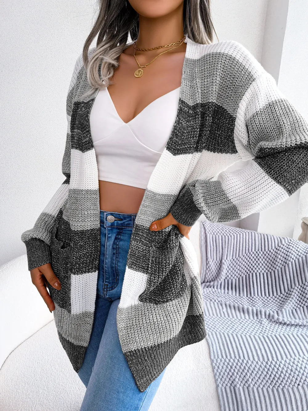 Plaid Sweater Women Casual Lantern Sleeves Cardigan Jacket Outerwear Clothes - Black