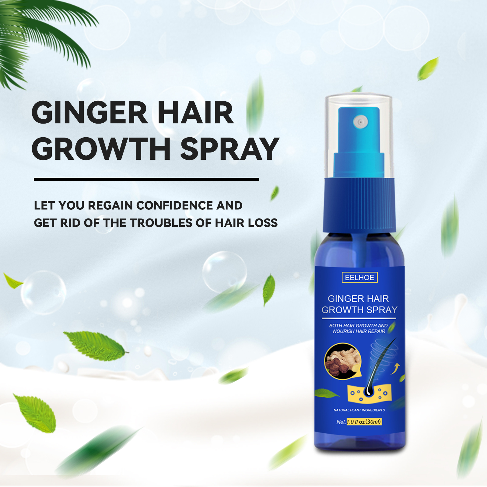 EELHOE Ginger Hair Thickening Spray, Scalp Massage Moisturizing Hair Care Nutrition Spray