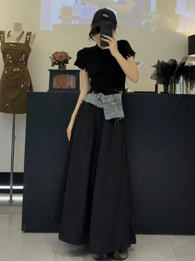 Design Sense Black Stitching Contrast Color Denim Skirt Women's Summer High Waist Slim Irregular Medium Length A line Skirt Black - Shop at LoveMi