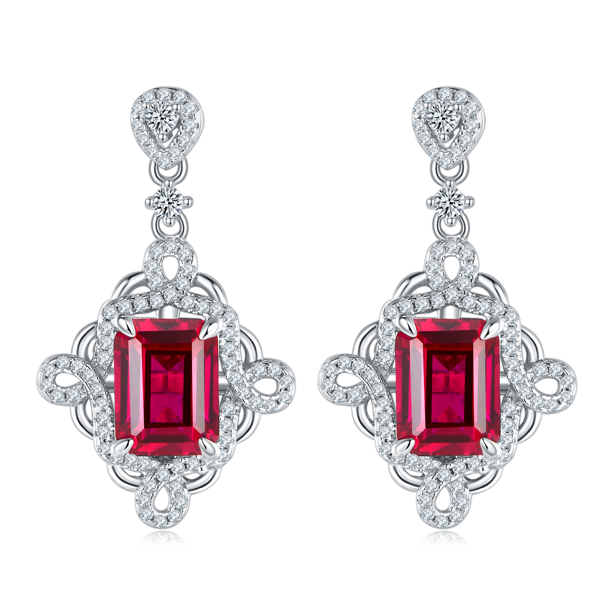 S925 Silver 4.4g Platinum Plated Lab-Created Ruby Drop Earrings, 8x6mm Emerald Cut 4ct, Pair