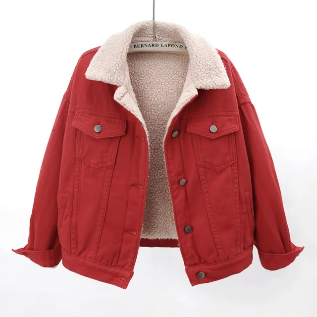 Lamb Wool Thickened Plus Velvet Denim Jacket Women Red - Shop at LoveMi