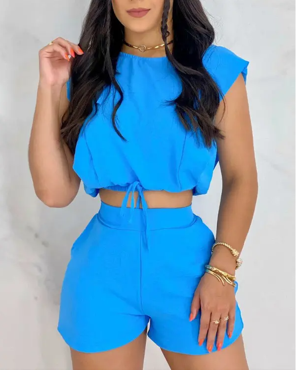 European And American Solid Color Tie Crop Top And Shorts Pocket Set