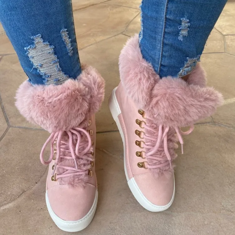 Lace-up Boots Cute Thick Sole Heighten Non Slip Snow Shoes Fall Winter Keep Warm Plush Lined Furry Ankle Boots Outdoor Walking Flat Shoes - Pink