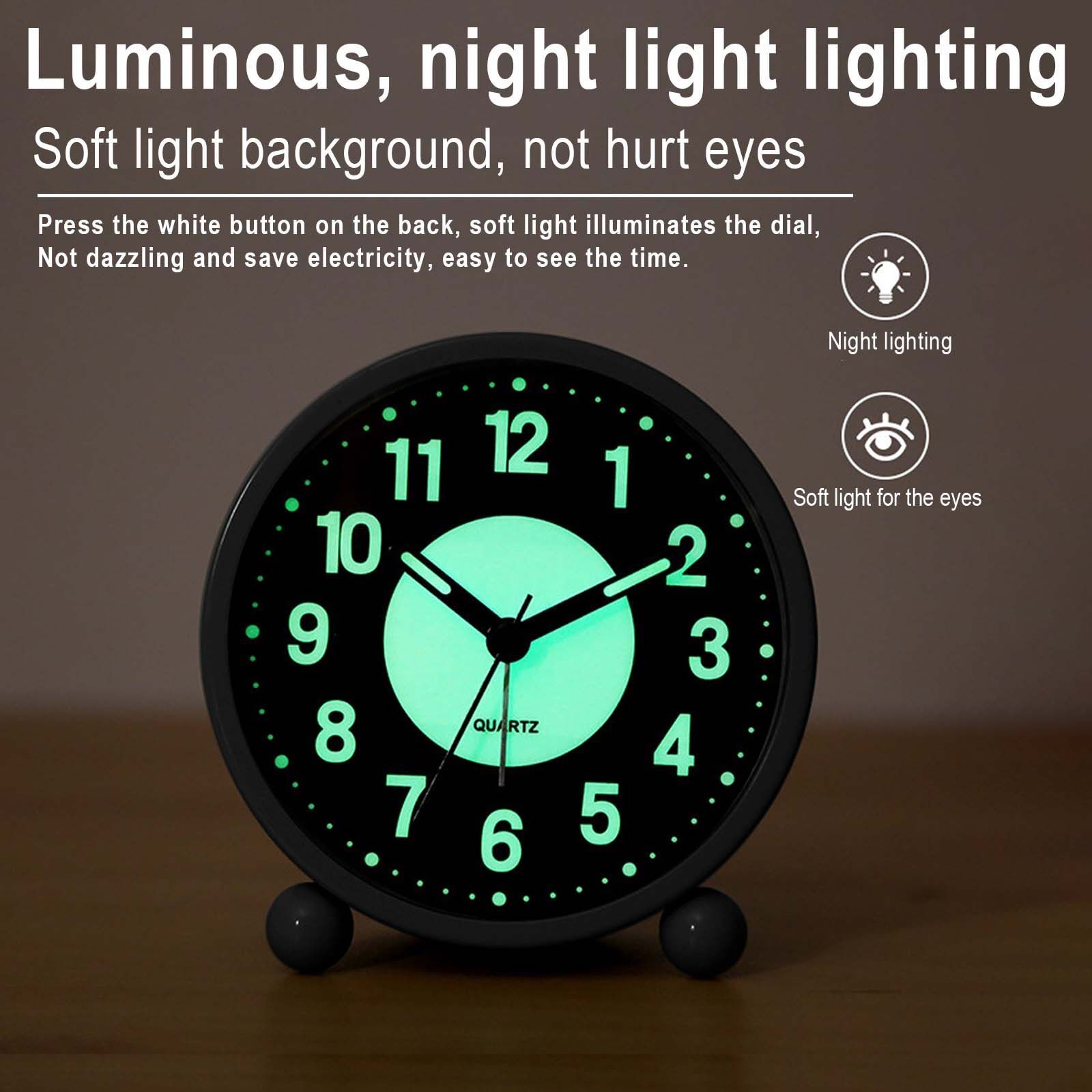 Black Silent Bedside Alarm Clock Non Ticking Glow-in-the-Dark Bedroom — image 8