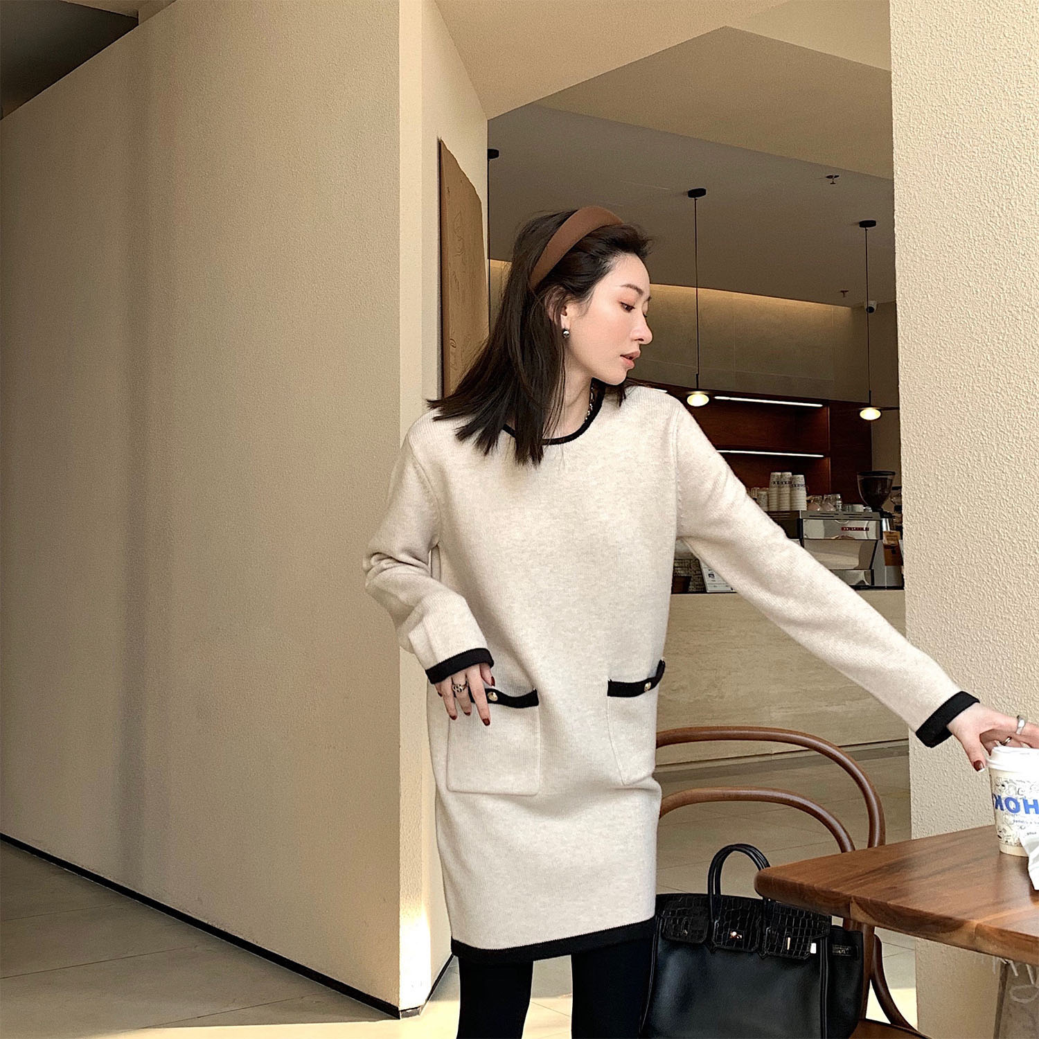 Long-sleeved Black Knitted Dress With Coat