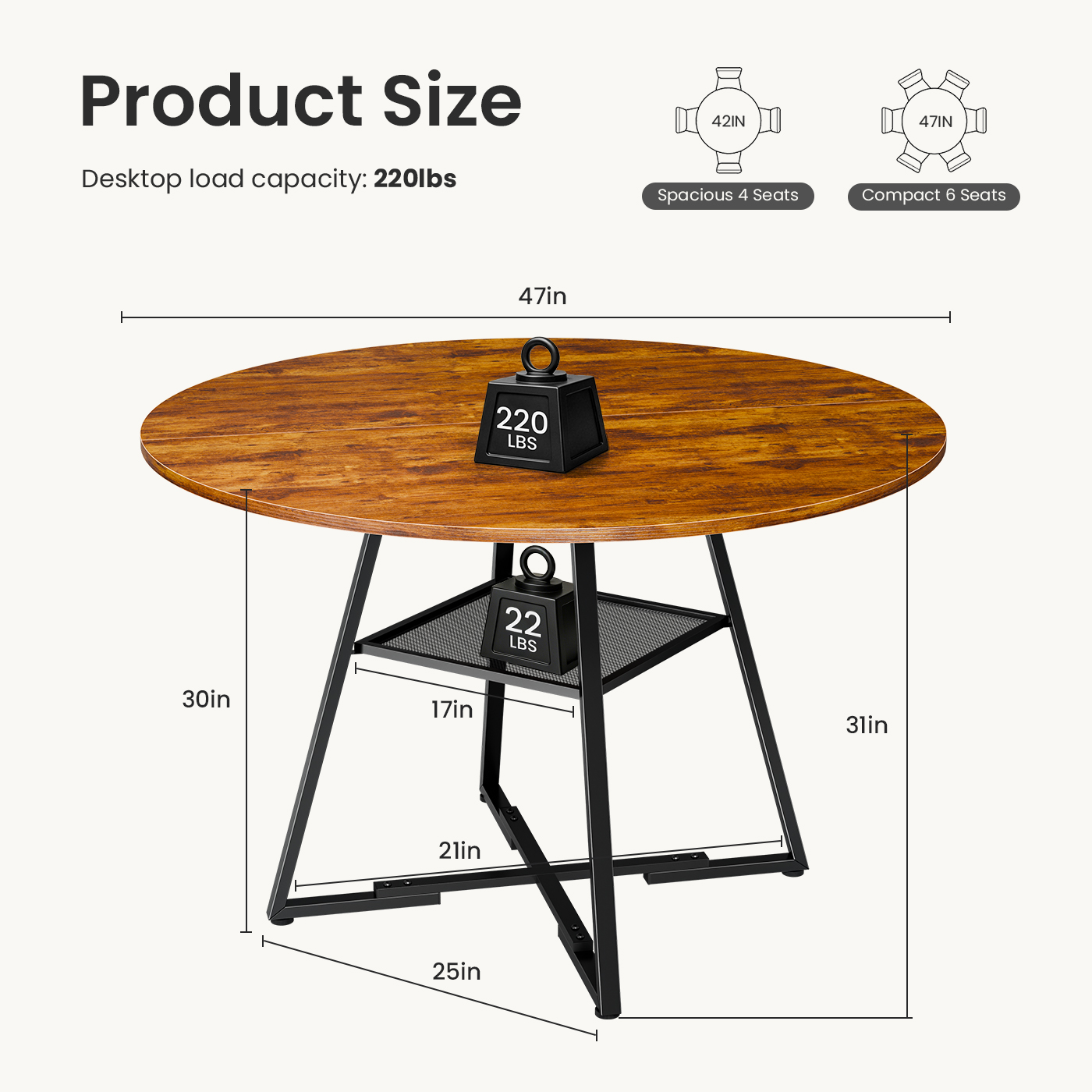 Round Table, Suitable For 4 To 6 People, A Space-saving Kitchen Table With Double-layer Storage Function, Metal Base Frame