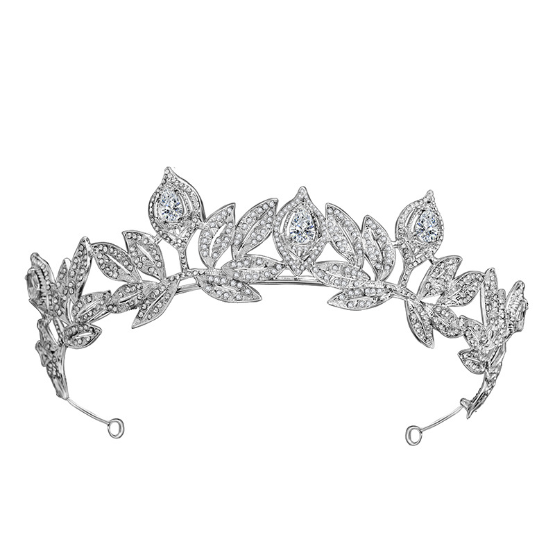 New Korean Bride Zircon Crown Alloy Rhinestone Accessories Princess Leaves Wedding Headdress Silver - Shop at LoveMi