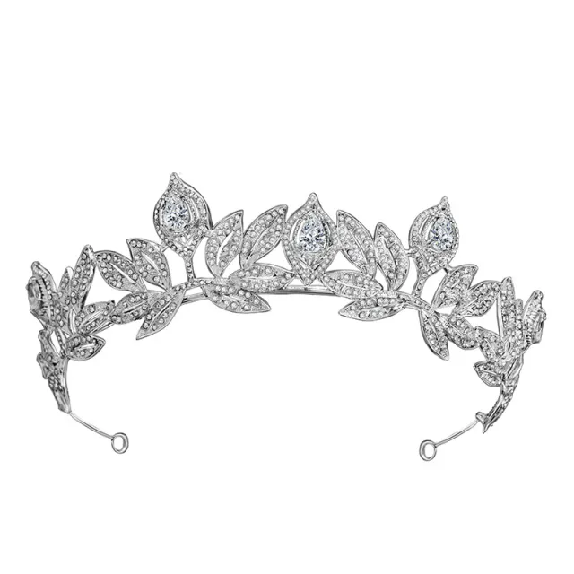 New Korean Bride Zircon Crown Alloy Rhinestone Accessories Princess Leaves Wedding Headdress Silver - Shop at LoveMi