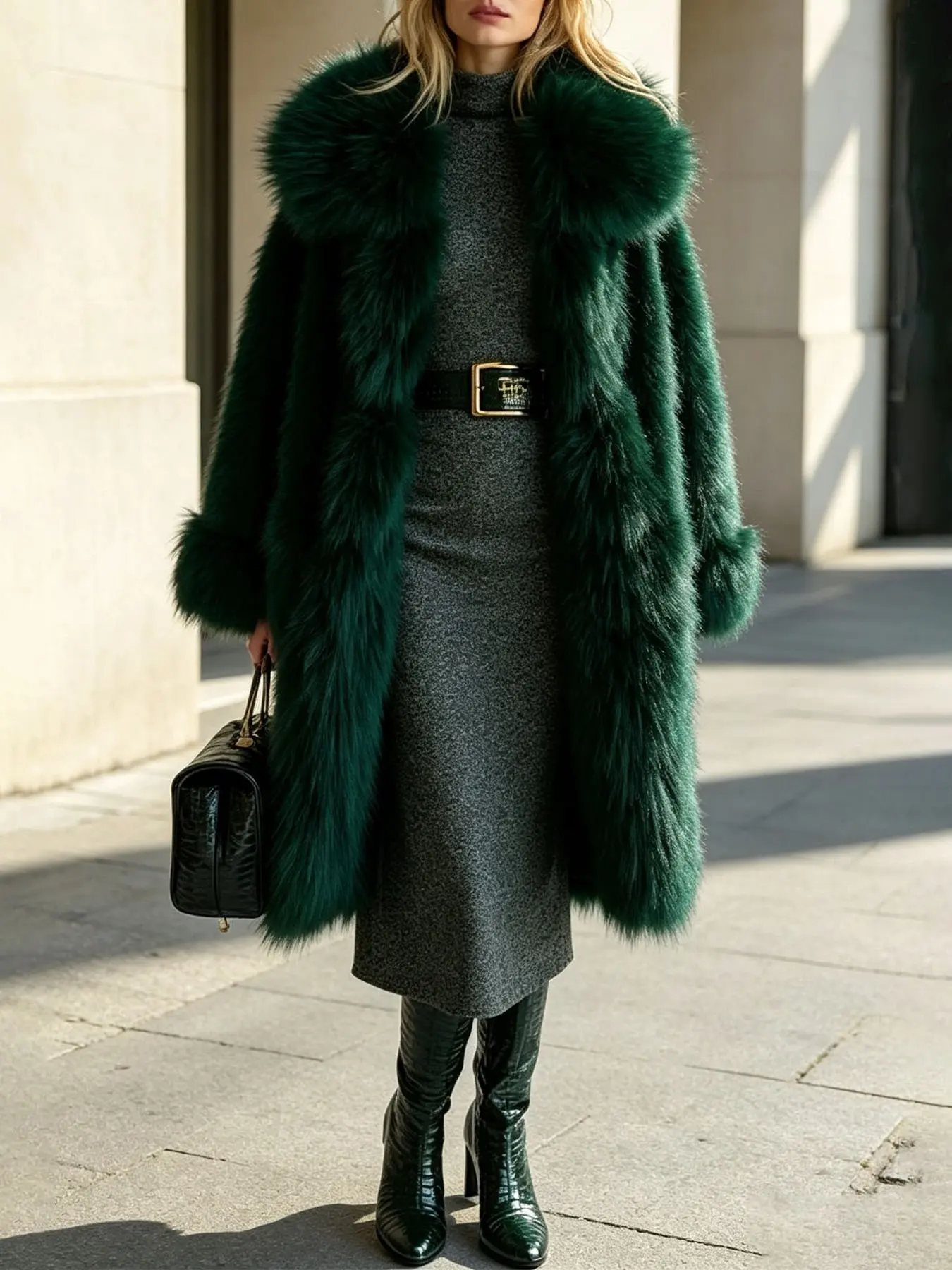 Wide Lapel Loose Long Dark Green Faux