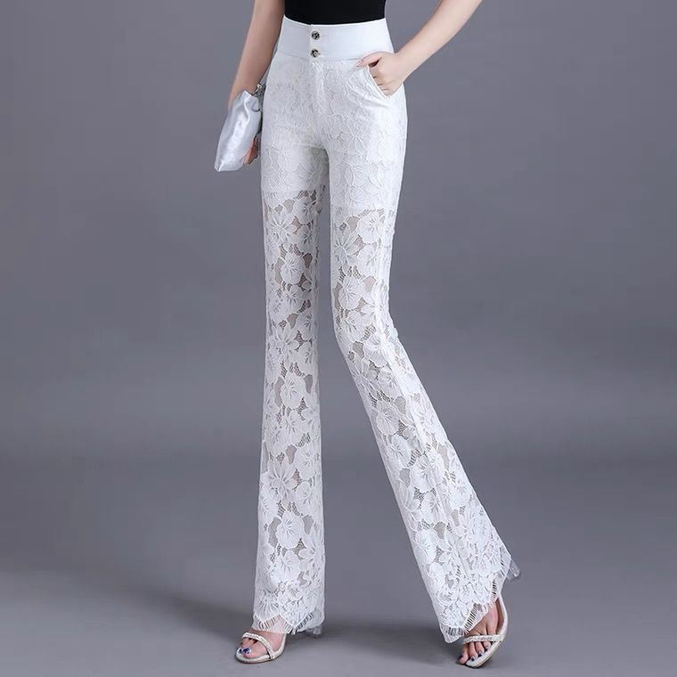 Title 7, White Lace Flared Pants High Waist Drape Elegan...