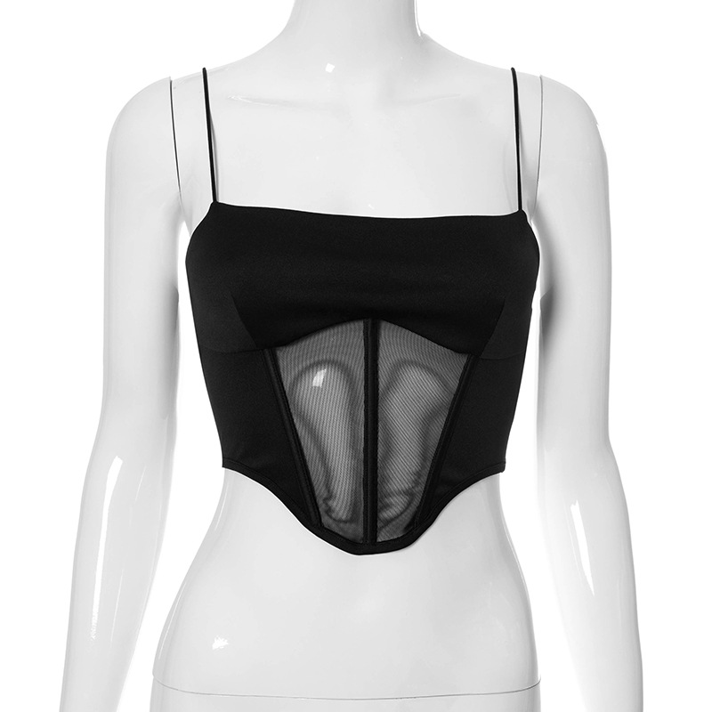 Summer New Style Solid Color Stitching Sling Square Neckline Halter Top T-shirt