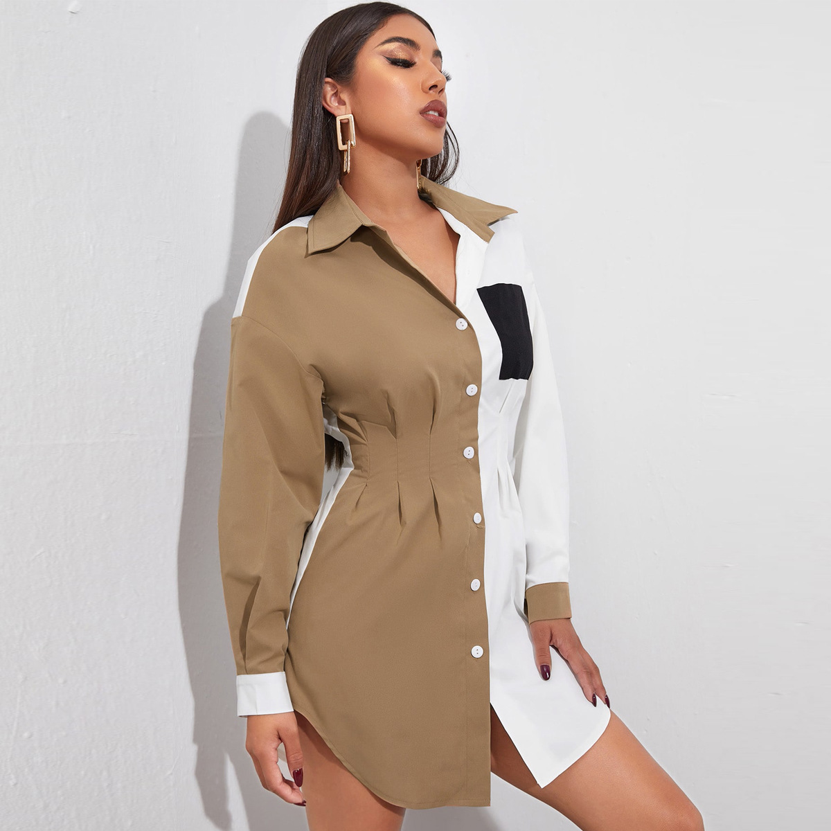 Spliced top pocket long-sleeved chiffon shirt