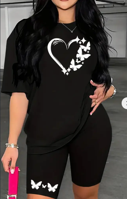 Women's Casual Chic Heart & Butterfly Print Activewear Set Machine Washable, Round Neck T Shirt & Shorts Outfit Black - Shop at LoveMi