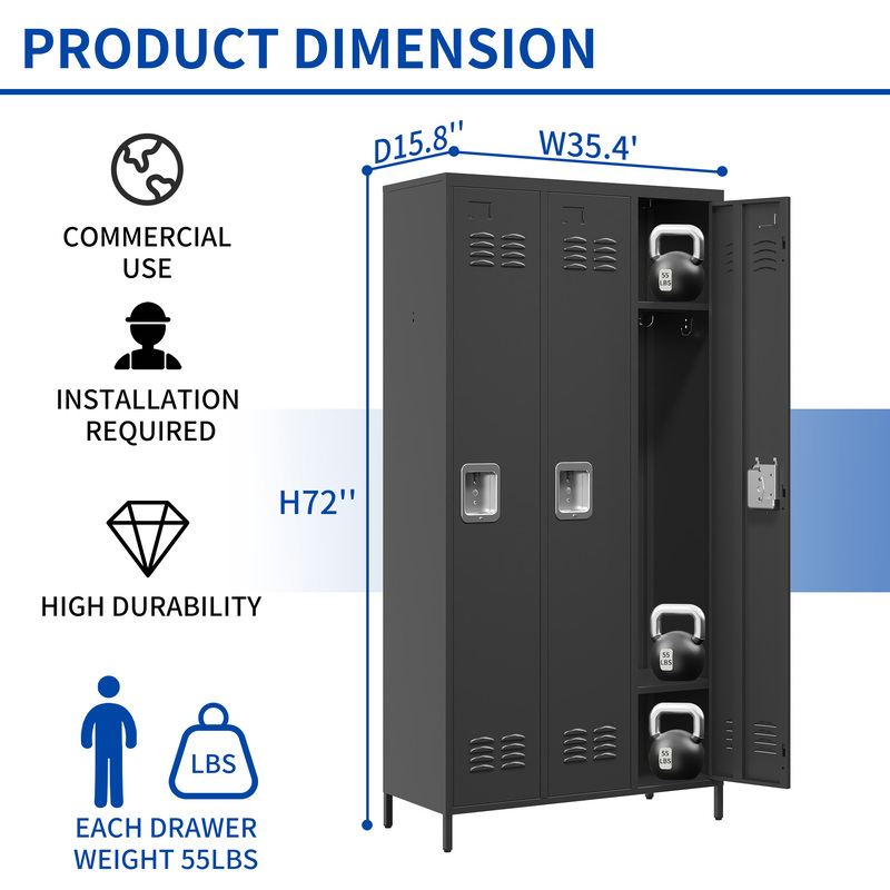 3-Door 72in Steel Locker W Locks For Employees, Storage Cabinet For Home Gym Office School Garage, Gray,Black 4