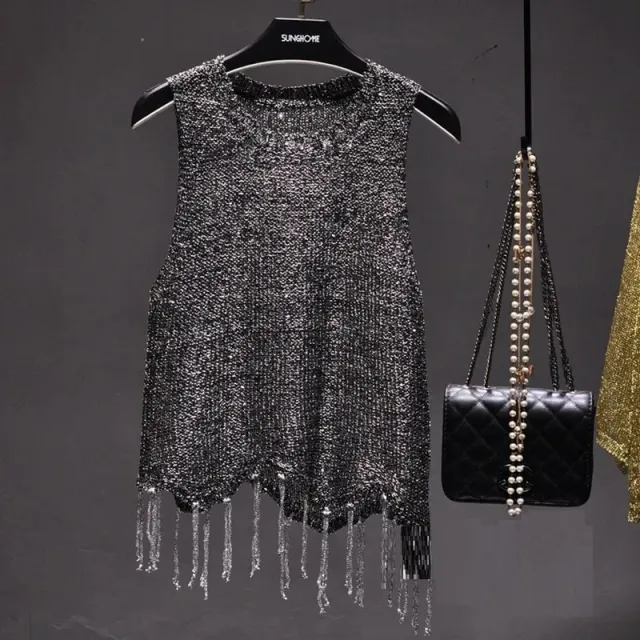 Women's Sleeveless Round Neck Tassel Outer Knitted Top Black Silver - Shop at LoveMi