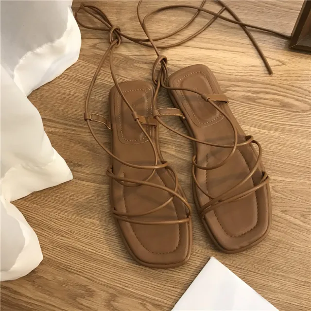 Women's Summer Flat Retro Toe Lace up Sandals Brown - Shop at LoveMi