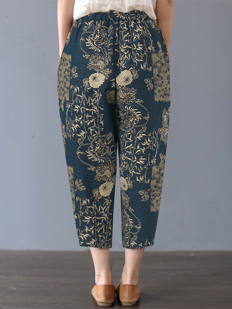 Explosive Style Cotton And Linen Printed Casual And Comfortable Elastic Waist Women's Ninth Pants