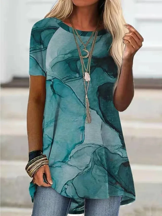 Summer Graffiti Print Short Sleeved Round Neck Mid Length T Shirt Women Green - Shop at LoveMi